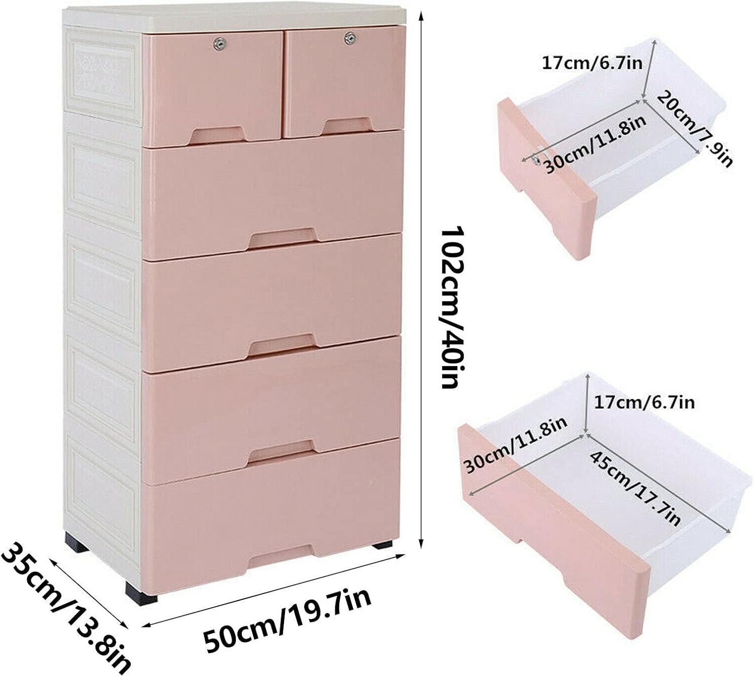 Pink 6-Drawer Plastic Storage Cabinet with Lock and Casters