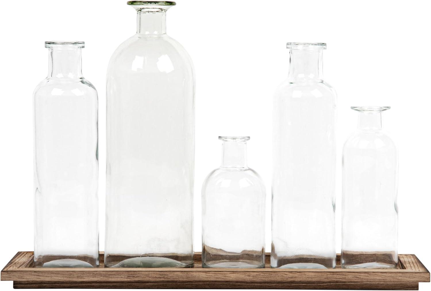 Creative Co-Op Set of 5 Vintage Bottle Vases on Wood Tray, Clear and Natural, Set of 6