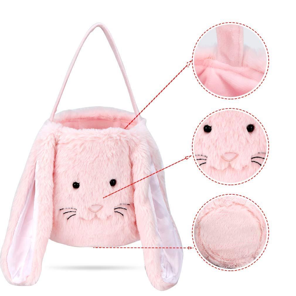 Easter Bunny Tote Bag, Cute Fuzzy Rabbit Ears Soft Plush Candy Handle Bag Eggs Basket Gift Bag for Kids Holiday Decorations