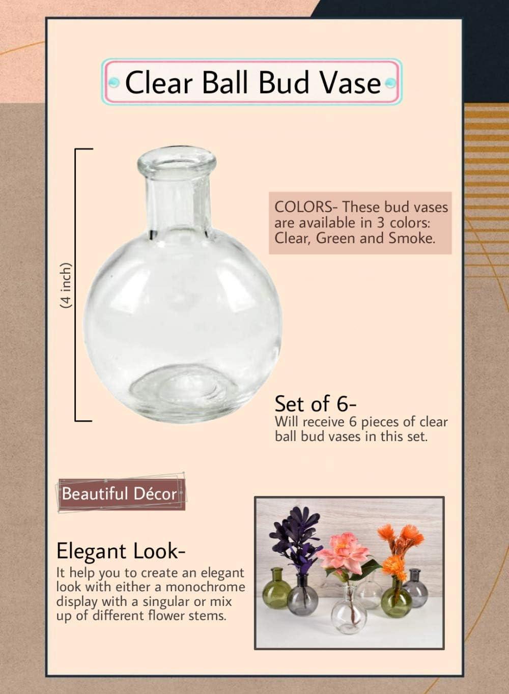 Serene Spaces Living Set of 6 Clear Ball Bud Vases, Transparent Glass Vases for Weddings, Events, Parties, Floral Centerpieces for Home Decor, Measures 4" Tall