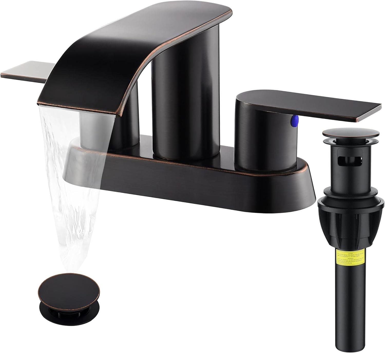 4-inch Centerset Double Handle Waterfall Bathroom Sink Faucet with Pop-up Drain Kit