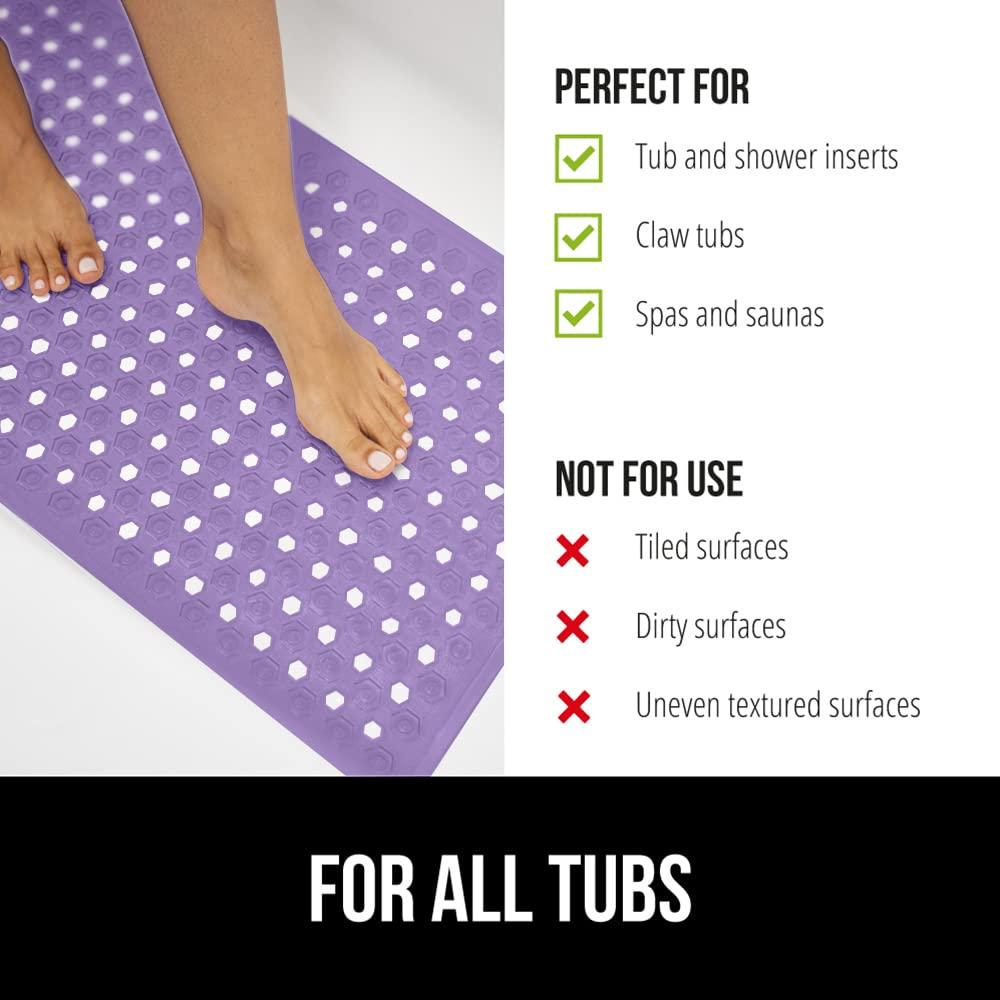 GORILLA GRIP Patented Bath Tub Shower Mat, Machine Washable Bathtub Floor Liner Mats, Suction Cups and Drain Holes to Keep Tubs Clean, Soft on Feet, Bathroom Essentials, 35x16 Inch, Purple Opaque