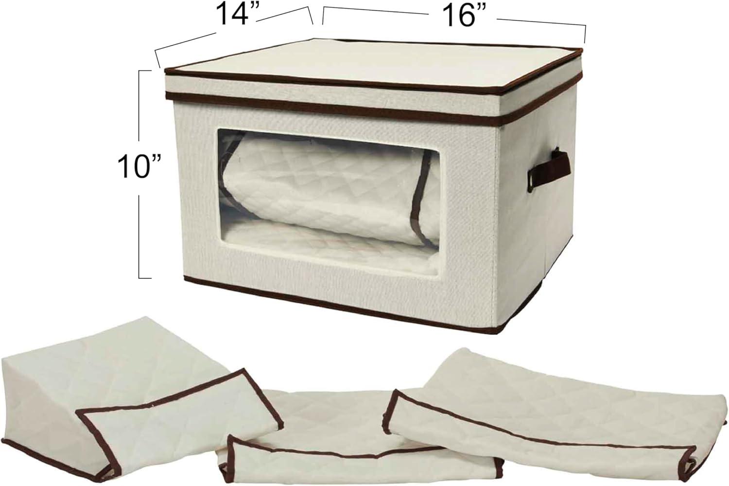 Large Serveware Storage Box, Polyester Canvas with Fiberboard Sides, 3 Protective Pouches, Fully Removable Lid, Natural with Brown Trim