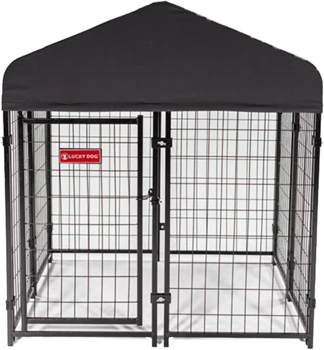 Lucky Dog STAY Series Black Powder Coat Steel Frame Villa Dog Kennel with Waterproof Canopy Roof and Single Gate Door