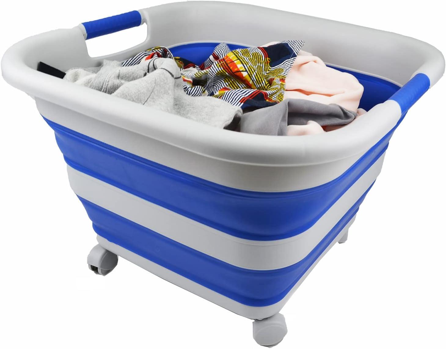 SAMMART 39L (10.3 Gallons)  Collapsible Plastic Laundry Basket with Wheels, Grey/Purplish Blue