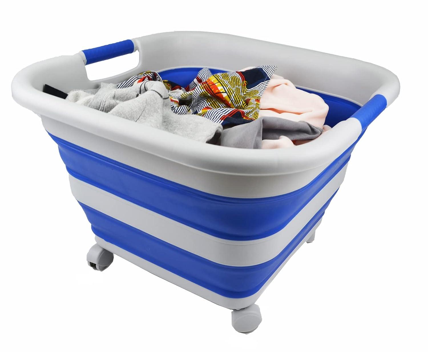 SAMMART 39L (10.3 Gallons)  Collapsible Plastic Laundry Basket with Wheels, Grey/Purplish Blue