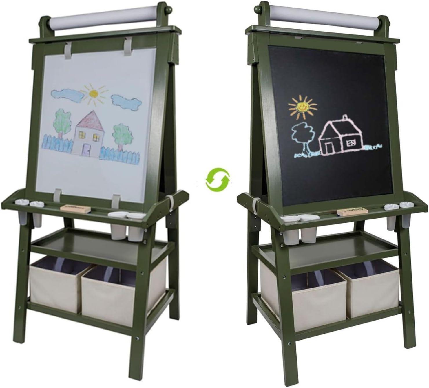 Olive Green Dual-Sided Magnetic Art Easel with Storage Bins