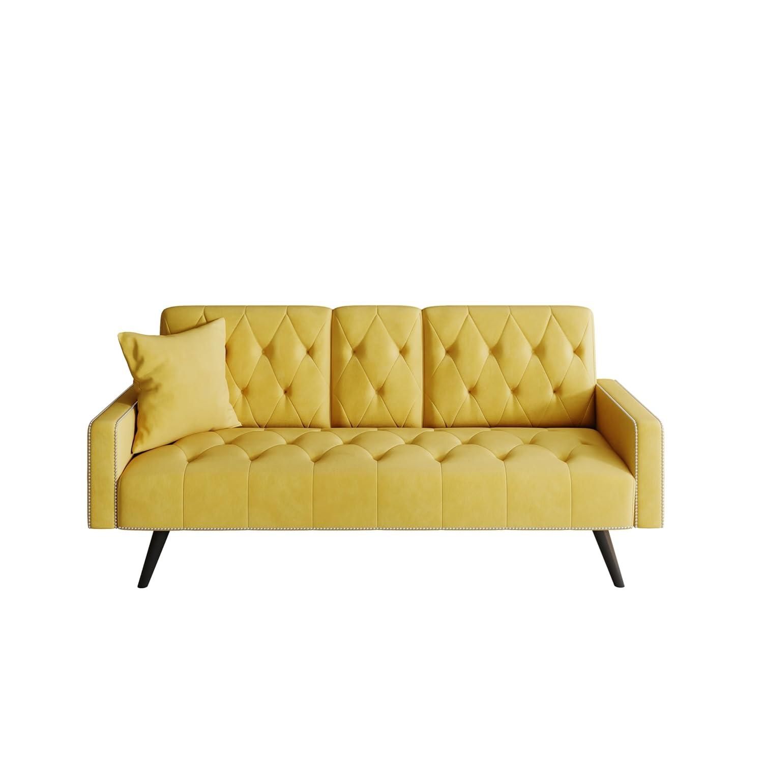 Modern Futon Sofa Bed, Armrest With Nail Head Trim, Convertible Sofa Bed, with 2 Cup Holders, 72" Velvet Loveseat Sofa Couch, Upholstered Sleeper Sofa Bed for Small Space