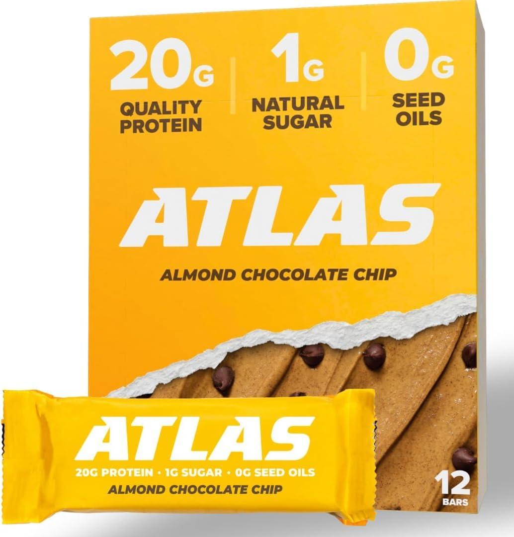 Atlas Bar Grass-Fed Whey Protein Bar, Almond Chocolate Chip, 12 Bars, 1.9 oz (54 g) Each