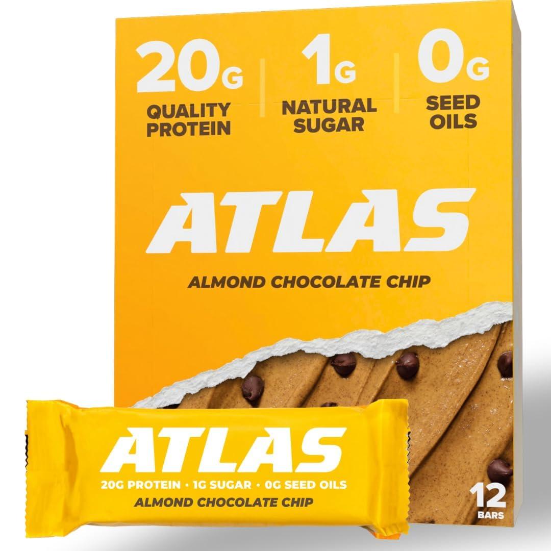 Atlas Bar Grass-Fed Whey Protein Bar, Almond Chocolate Chip, 12 Bars, 1.9 oz (54 g) Each