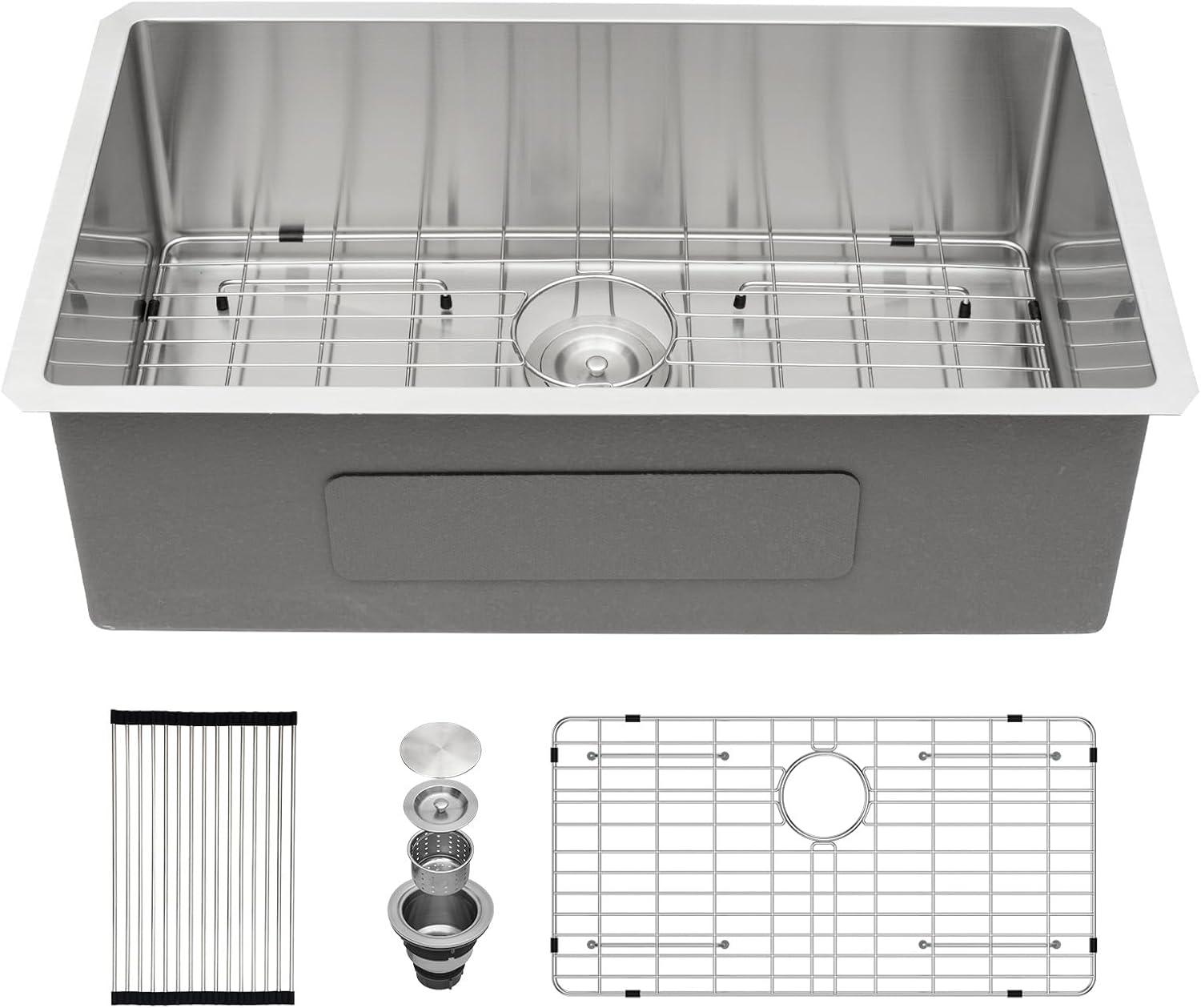 33" L x 19" W Undermount Kitchen Sink 16 Gauge Stainless Steel Kitchen Sink Single Bowl Kitchen Sink