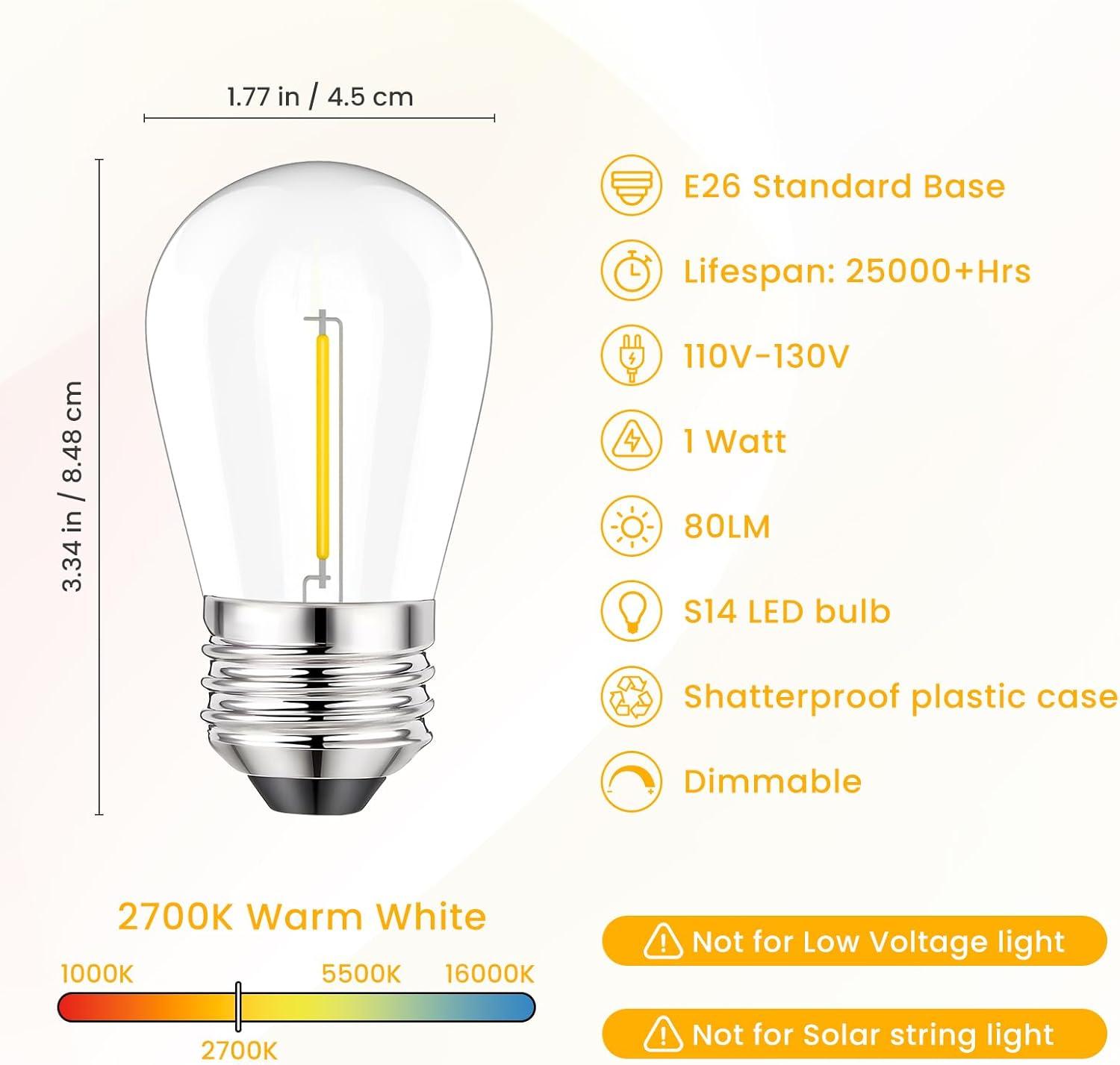 15-Pack Clear LED S14 Warm White Outdoor String Light Bulbs