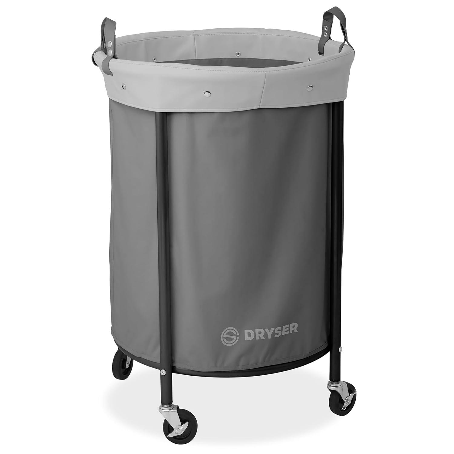 Dryser Round Commercial Heavy-Duty Rolling Laundry Hamper, Steel Frame Cart on Wheels with Removable Canvas Bin for Hotel or Home - Gray