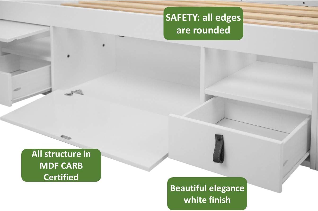 Memomad Bali Storage Platform Sturdy Bed Frame with Drawers and More (White Wood Twin Size)