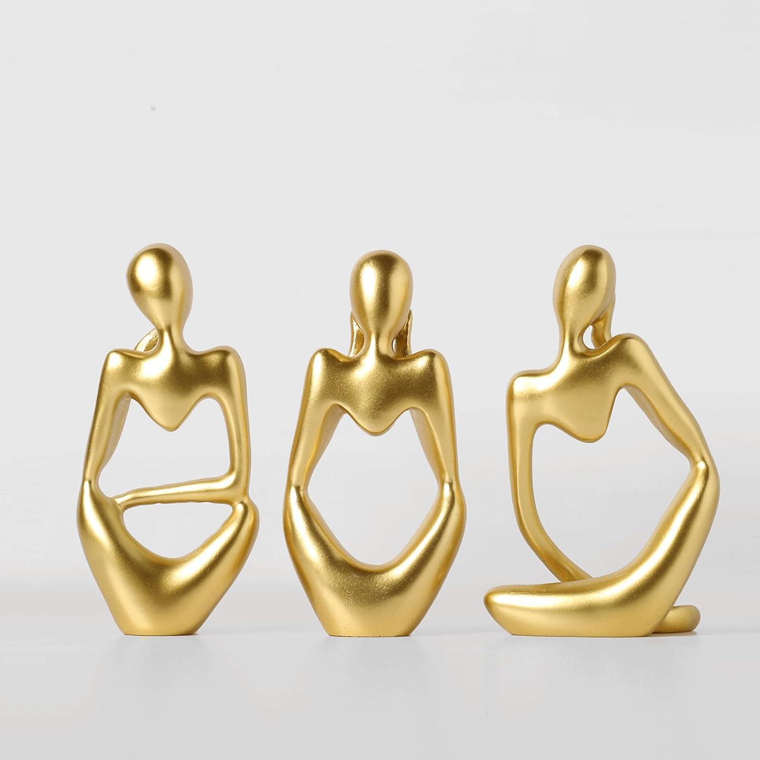 3pcs Modern Abstract Statues Sculpture,Resin Artistic Thinker Figure Thinking Man Figurines Desktop Decorations Artist Crafts for Home Office Shelf Bookshelf Decor,Gold