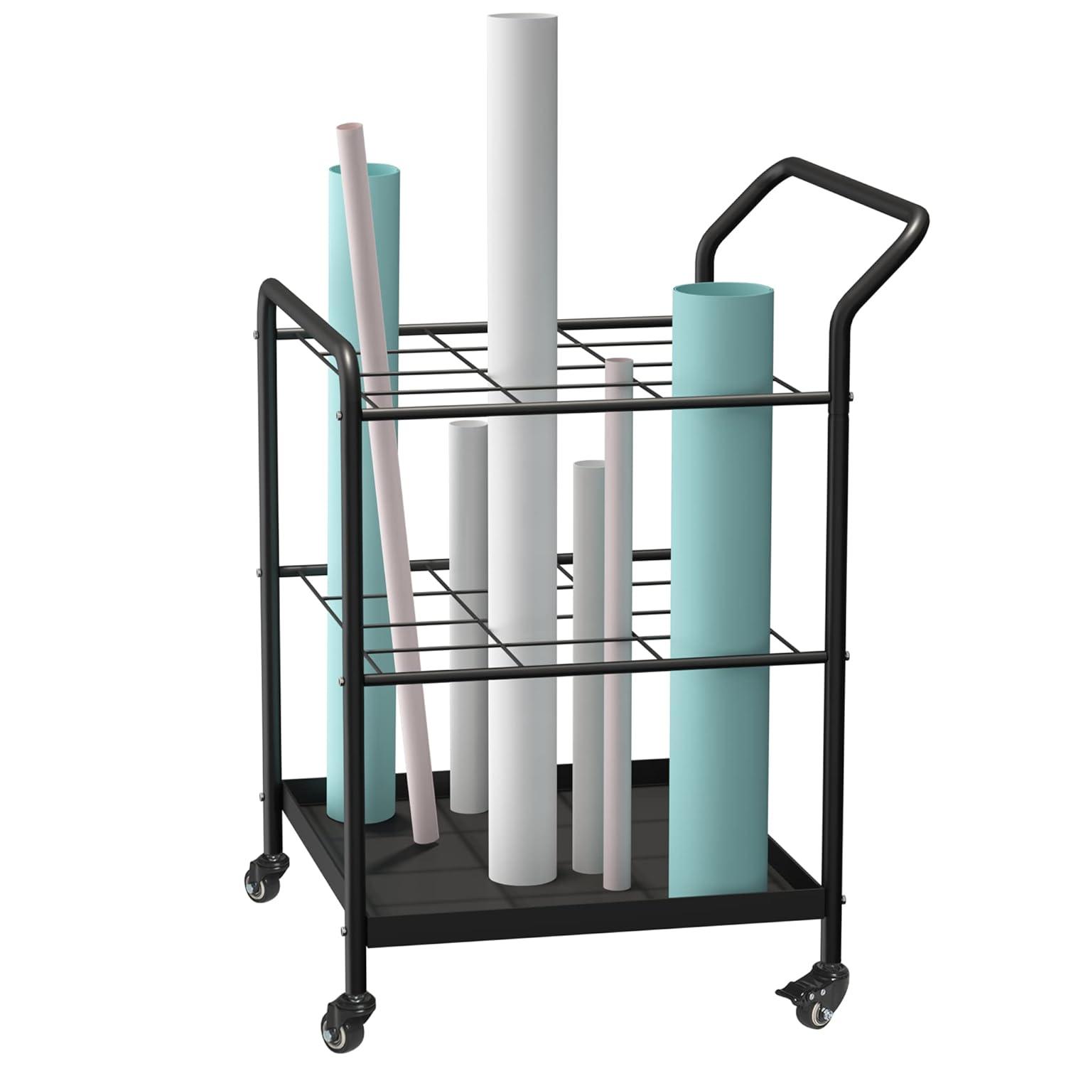 Blueprint Roll File Holder Storage - 12 Slots Rack Cart,Wire Bin Roll File, Made for Maps, Plans, Drawings, and Tubes, Yoga Mat and Gym Storage Rack Cart with Wheels,Files Sorter Poster Holder