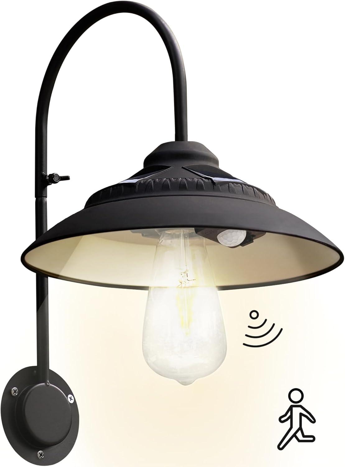 Goodeco Solar Barn Light with Motion Sensor - Metal Design Outdoor Lights - 4 High Efficiency Solar Panels with Clear Glass LED Edison Bulb, Perfect Chicken Coop Light & More (Black)