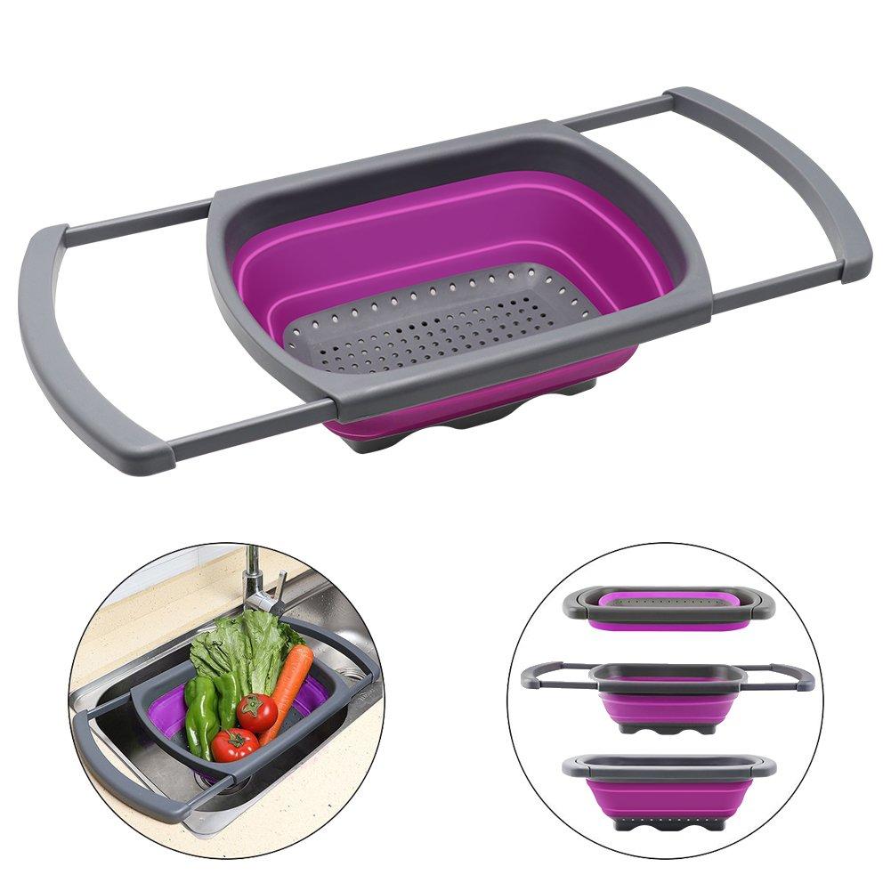 Qimh Collapsible Colander, Kitchen Colander Set Over Sink Strainer Veggies/Fruit Colanders Strainers with Extendable Handles, Dishwasher Safe Folding Strainer for Kitchen, 6-Quart, BPA Free
