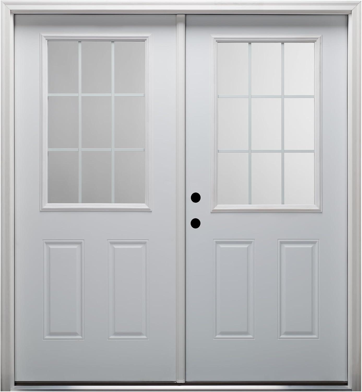 60 in. x 80 in. White Internal Grilles Right-Hand Inswing 1/2-Lite Clear Glass 2-Panel Primed Steel Prehung Front Door