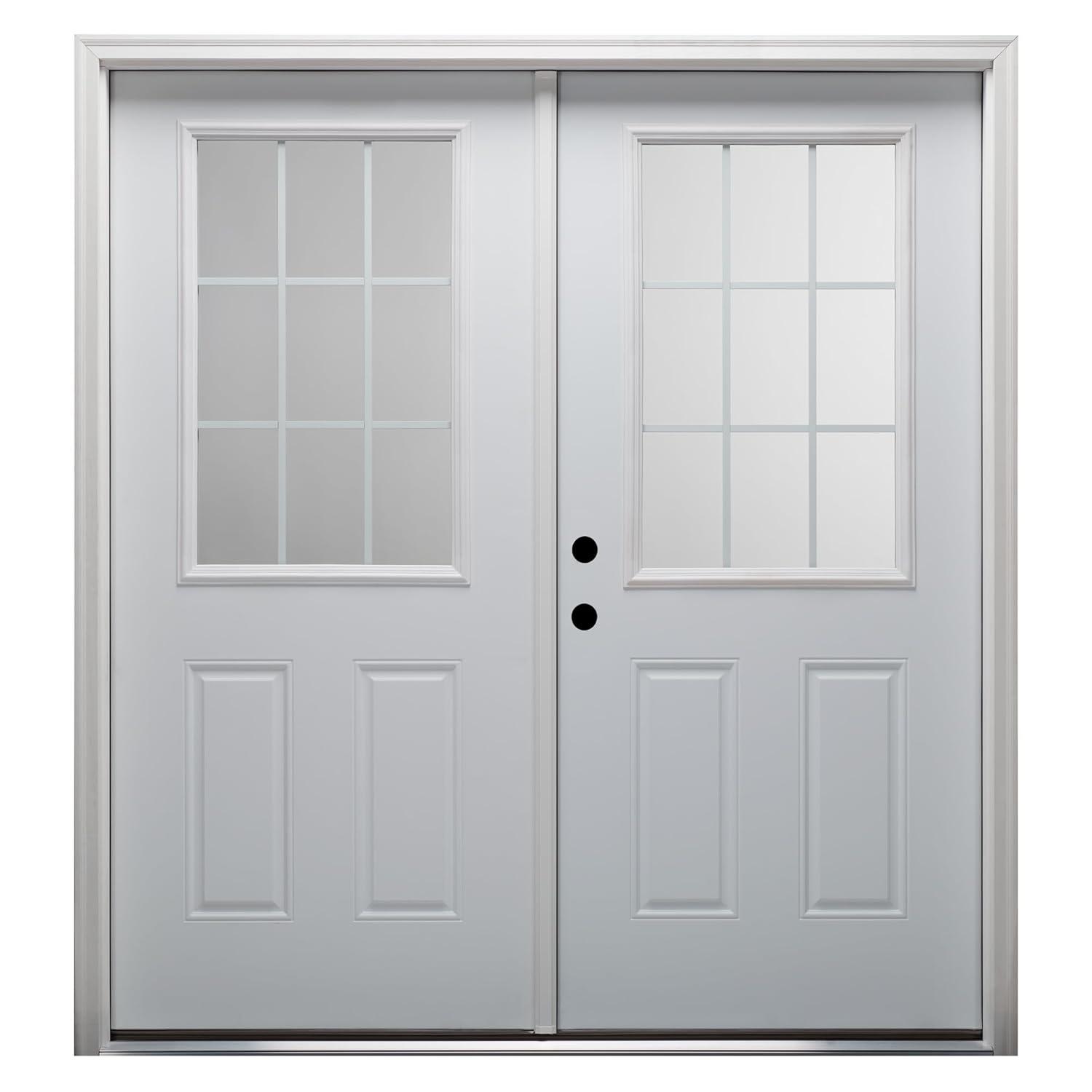60 in. x 80 in. White Internal Grilles Right-Hand Inswing 1/2-Lite Clear Glass 2-Panel Primed Steel Prehung Front Door