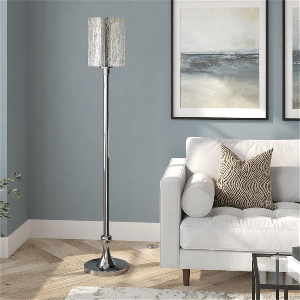 Evelyn&Zoe Numit 68.75" Tall Floor Lamp with Glass Shade, Brushed Nickel/Mercury Glass