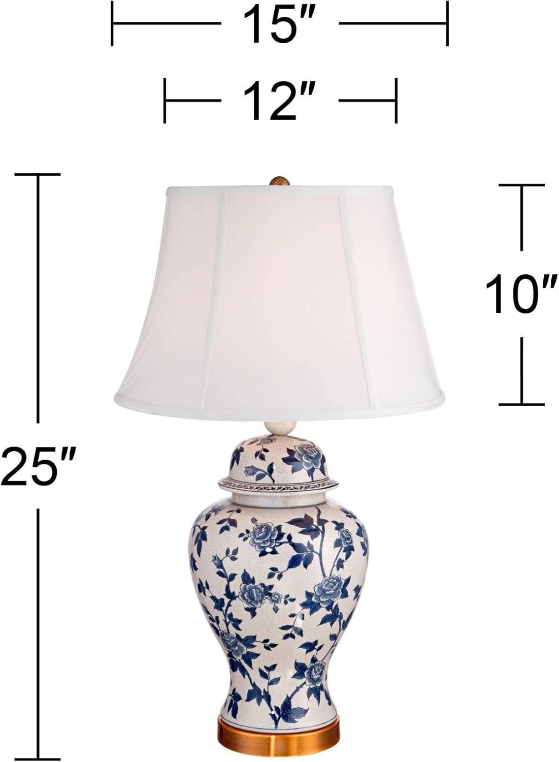 Barnes and Ivy Traditional Table Lamp 25" High Crackle Ceramic Blue and White Rose Vine Temple Jar White Bell Shade for Living Room Family