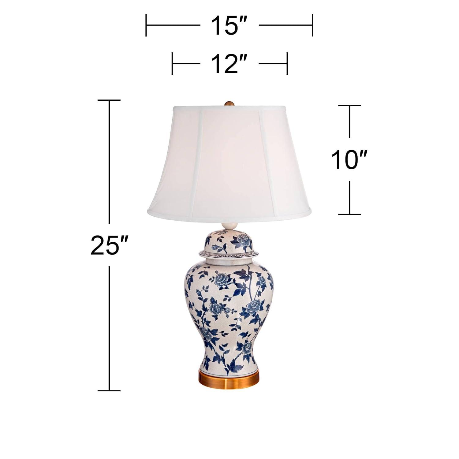 Barnes and Ivy Traditional Table Lamp 25" High Crackle Ceramic Blue and White Rose Vine Temple Jar White Bell Shade for Living Room Family