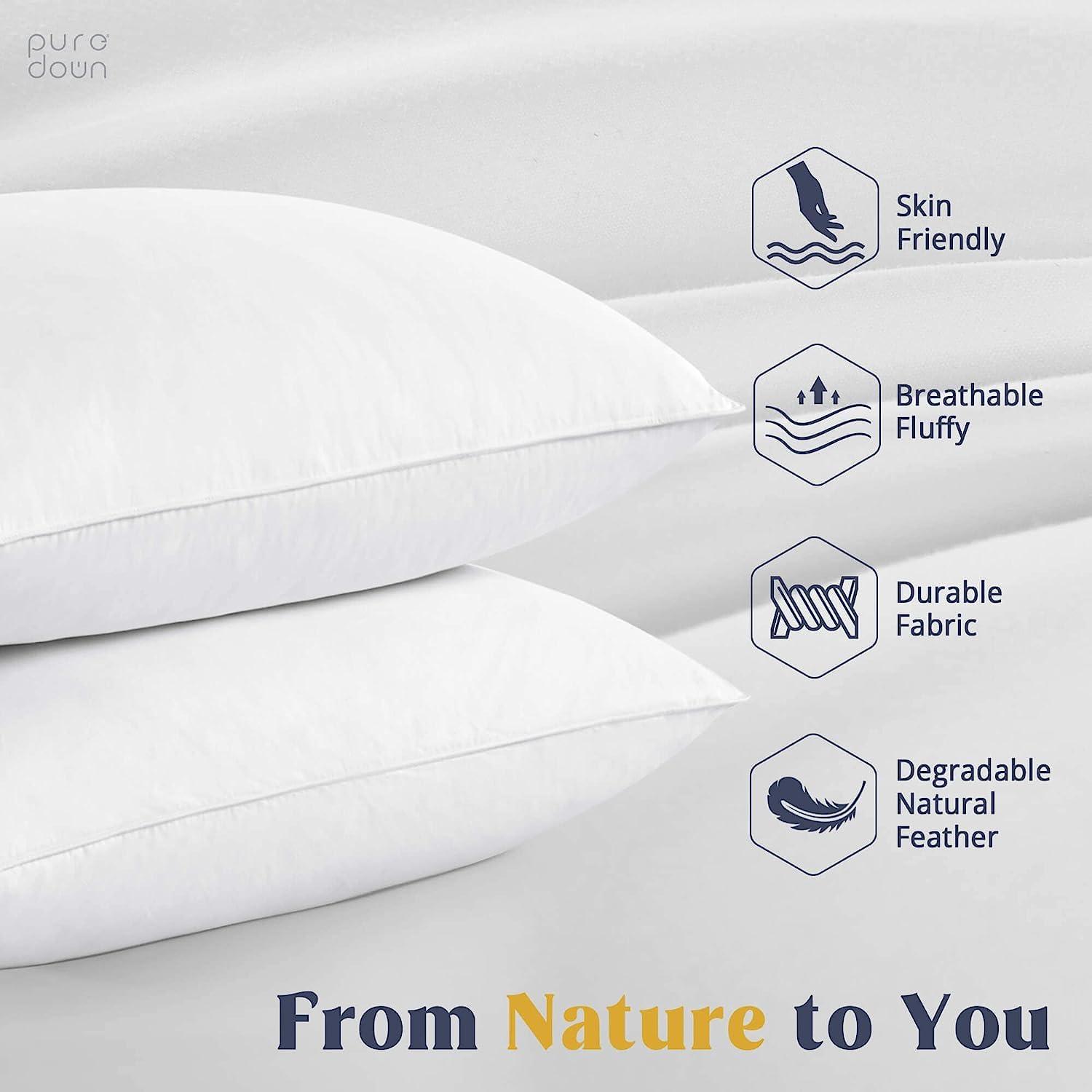 puredown® Goose Feathers Bed Pillows, 100% Cotton Cover, Queen Size Hotel Collection Pillows Set of 2 for Sleeping with Silver Piping, Feather and Polyester Filling