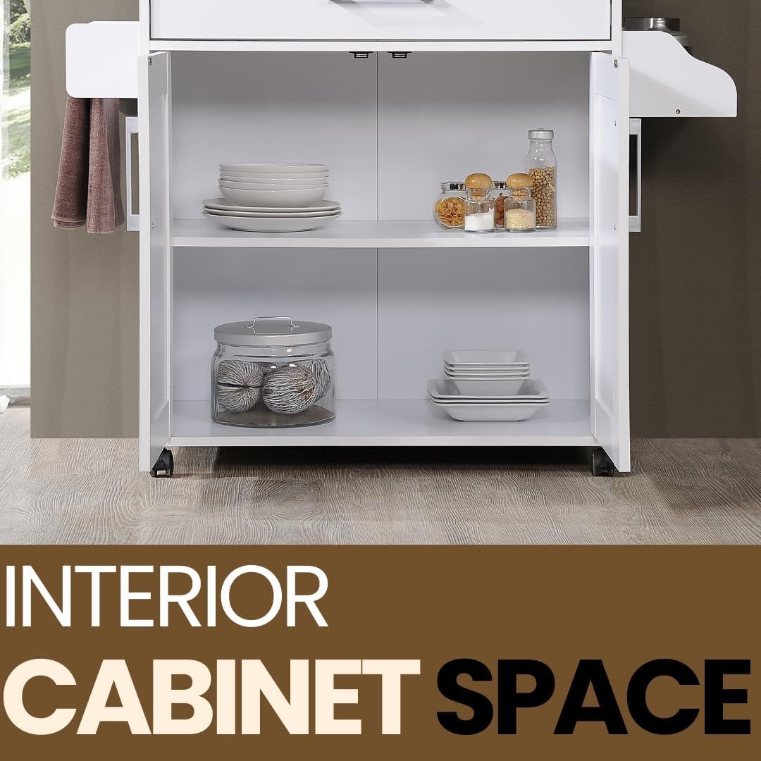 Hodedah Import Portable Kitchen Prep Storage Cart Island with Locking Wheels, Shelved Cabinet, Drawer, Spice Rack, and Towel Holder, Multicolor