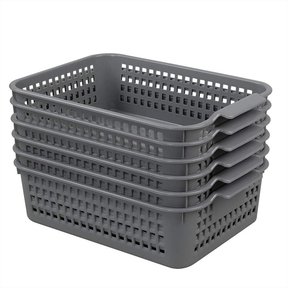 Gray Rectangular Plastic Shelf Baskets, Set of 6