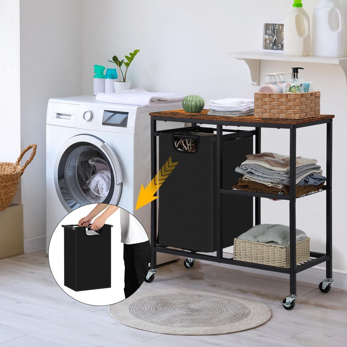 Laundry Hamper, Laundry Sorter with Three Shelf, Laundry Basket Organizer Section with Removable Laundry Bags for Clothes,Pull-Out Laundry Basket with Shelf,for Laundry Room