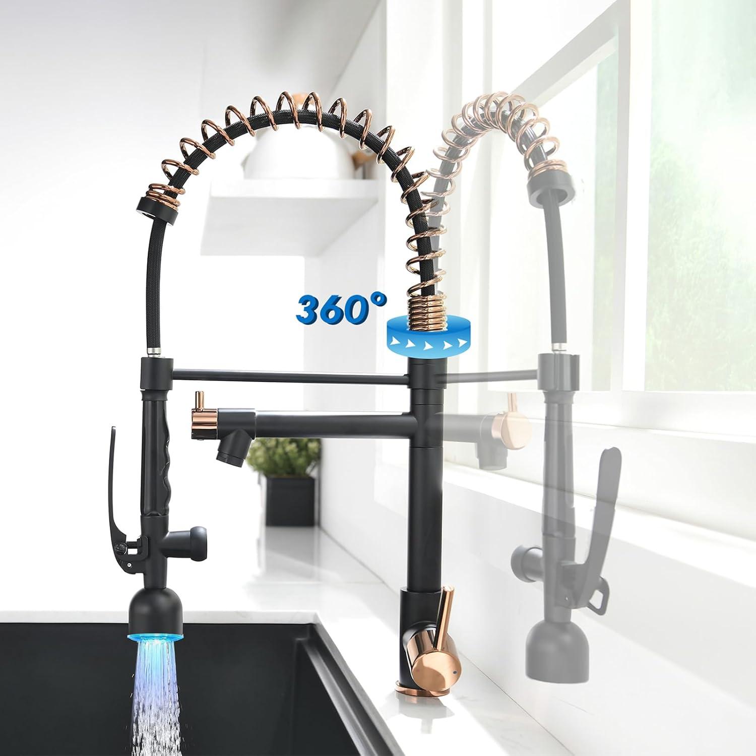 Matte Black and Rose Gold Pull Down Kitchen Faucet with LED Light