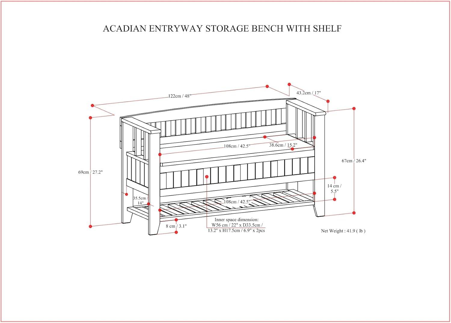 Brunette Brown Wooden Entryway Storage Bench with Shelf