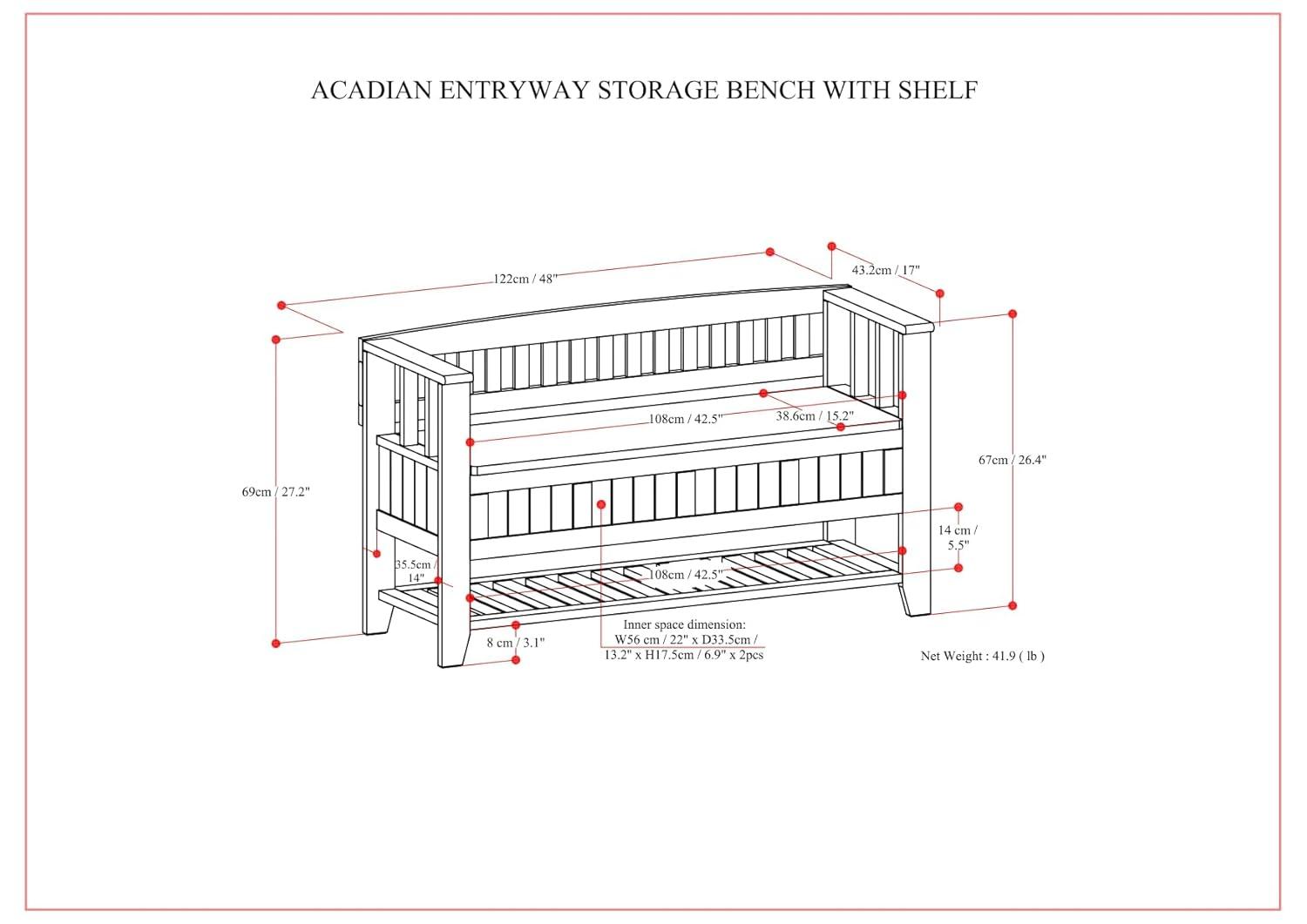 SIMPLIHOME Acadian Entryway Storage Bench - 48 inch Wide Solid Wood Hallway Seat with Shelf in Brunette Brown, Transitional Bench for Entryway or Living Room with Open Storage and Slatted Bottom