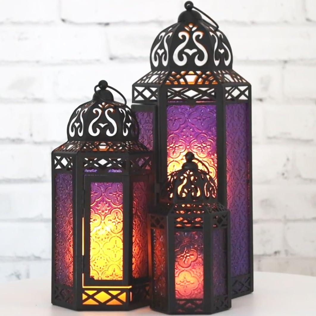 VELA LANTERNS 10.5" Moroccan Lamp Lantern Decorative Candle Holder for Indoor Outdoor Home Decor, Patio, Weddings, Ramadan Decorations, Black Metal, Purple Glass, Medium, Set of 3