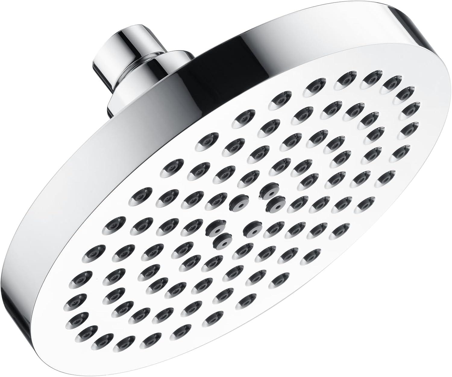 BRIGHT SHOWERS High Pressure Shower Head, 6 Inch Rain Shower Head, 2 Spray Settings Rainfall Shower Heads, Adjustable Angle Replacement Bathroom Showerhead, Easy Installation Polished Chrome