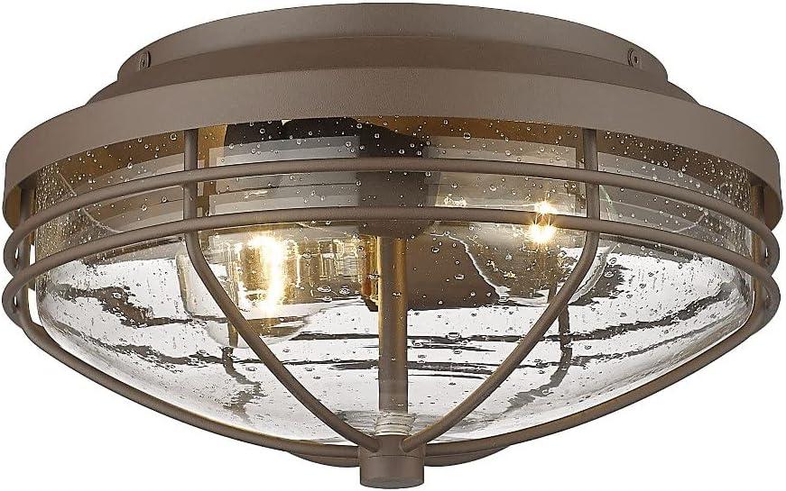 Golden Lighting Seaport 2-Light Outdoor Flush Mount in Natural Black with Seeded Glass