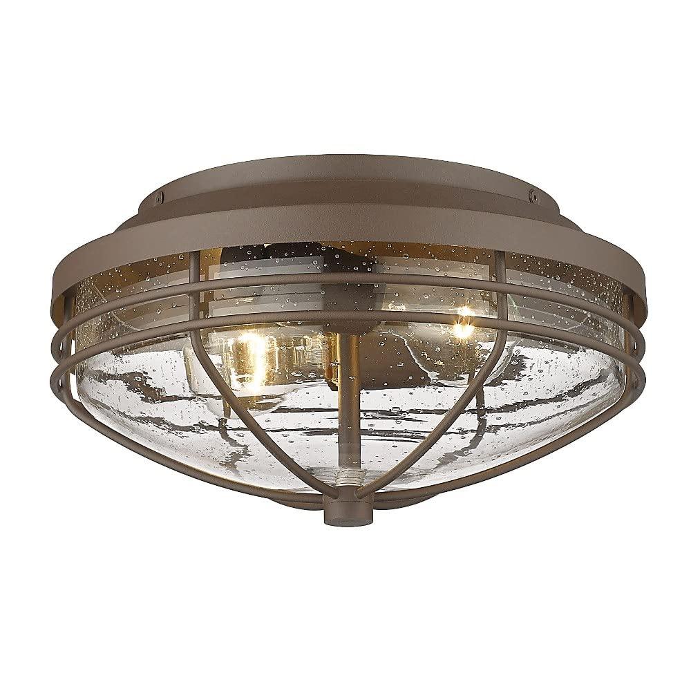 Golden Lighting Seaport 2-Light Outdoor Flush Mount in Natural Black with Seeded Glass