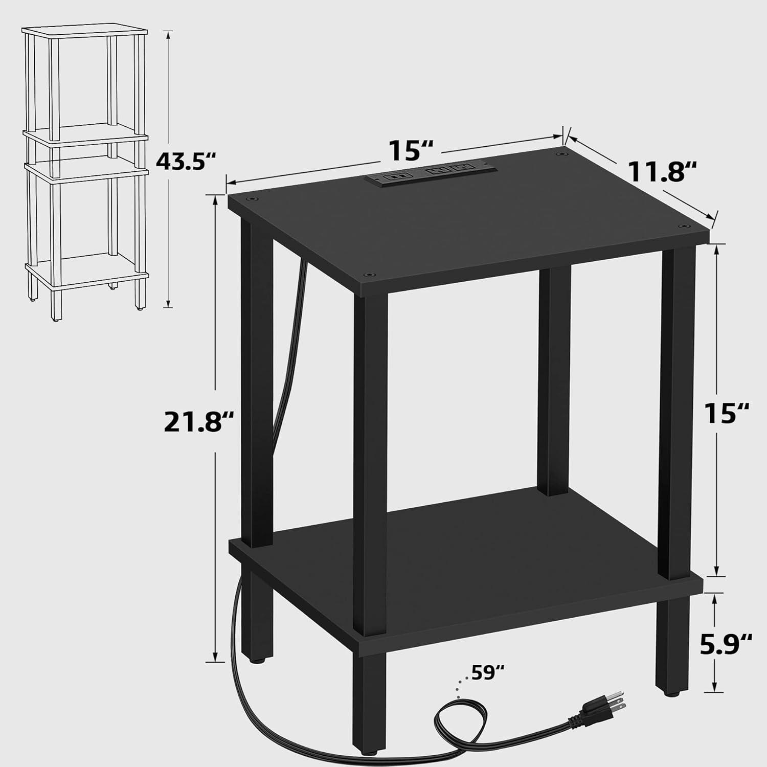 End Table with Charging Station, Side Table with USB Ports and Outlets, Nightstand, 2-Tier Storage Shelf, Sofa Table for Small Space, 1 Package (2PCS), Charcoal Grey