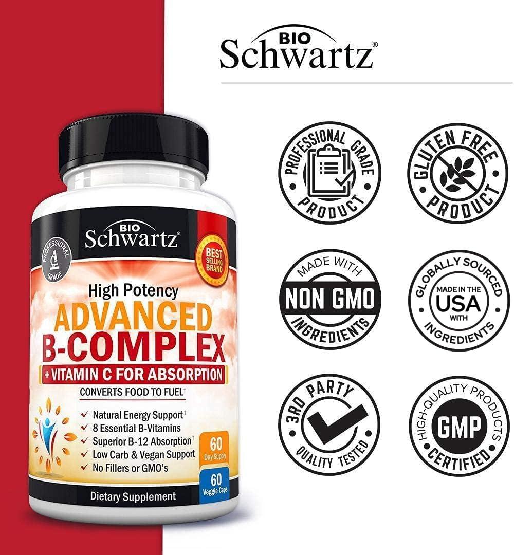Advanced B-Complex Capsules, Low Carb & Vegan Diet Support, Bioschwartz, 60ct