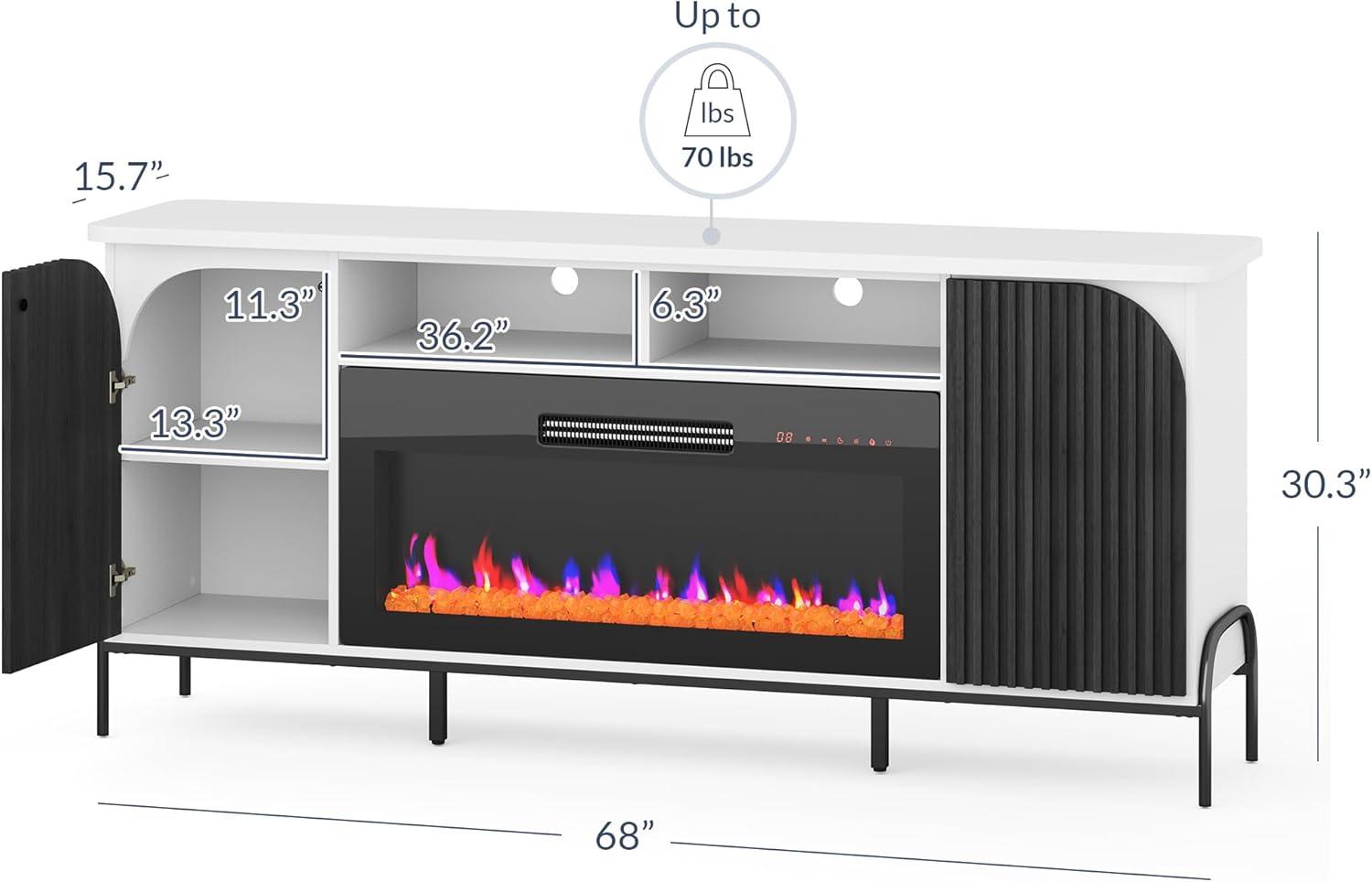 BELLEZE 68 Inch Fluted TV Stands with 36" Electric Fireplace, Modern Fluted Entertainment Center with Open Storage Shelves& Cabinets, Media Console TV Cabinet For Living Room Bedroom (White)