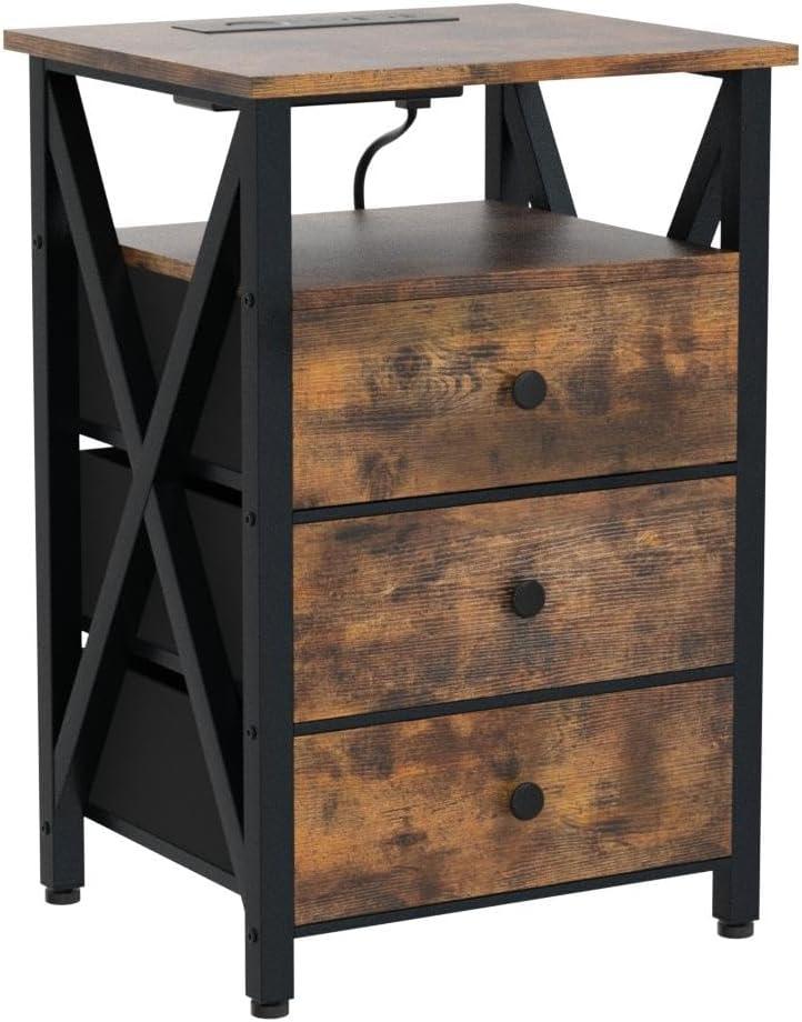 Rustic Brown LED Nightstand Set with Charging Station and Fabric Drawers