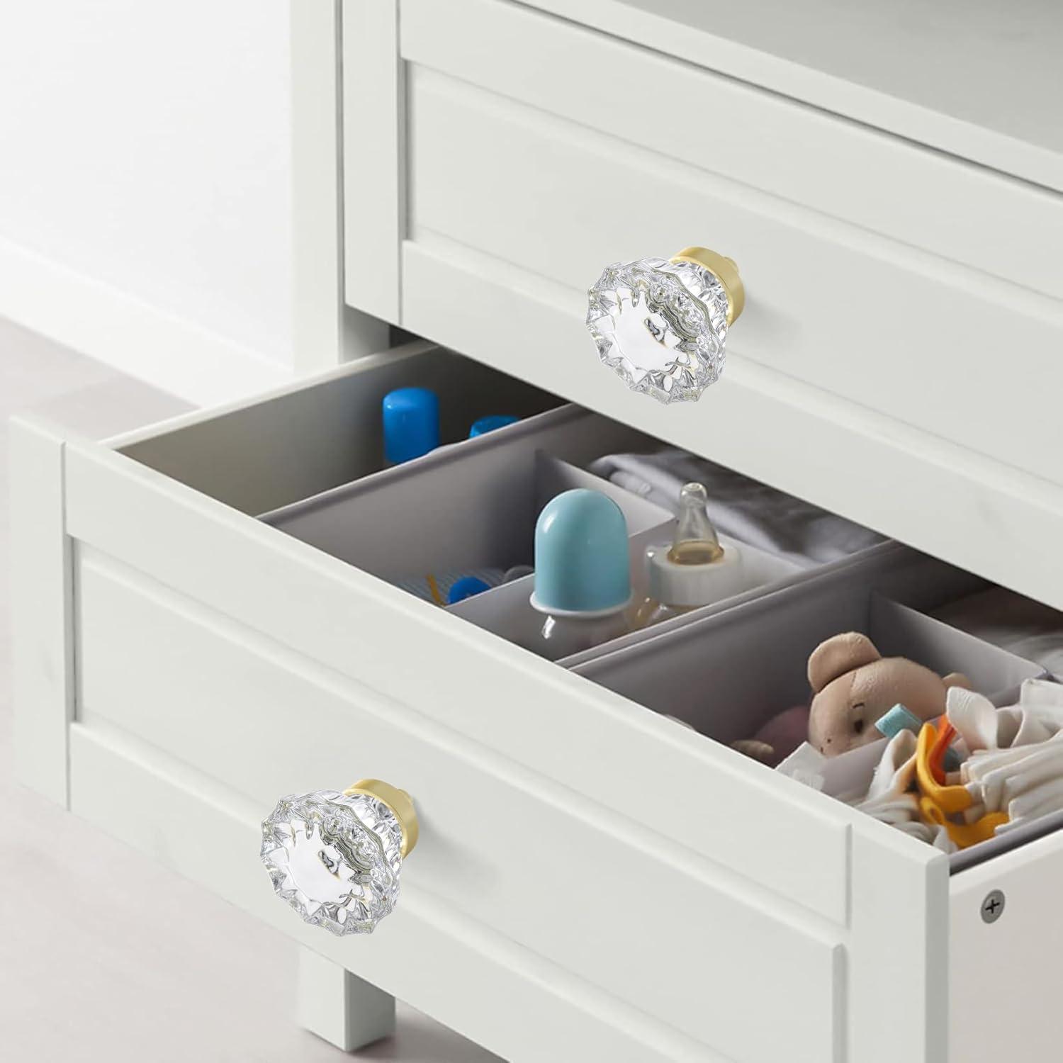 Crystal Knobs for Drawers 8 Pack Brushed Gold Glass Knob, Vintage Cabinet Antique Pulls for Drawer Closet Dresser Cupboard, 1.5 Inch Satin Brass Base Decorative Flower Cabinets Knobs Set Hardware