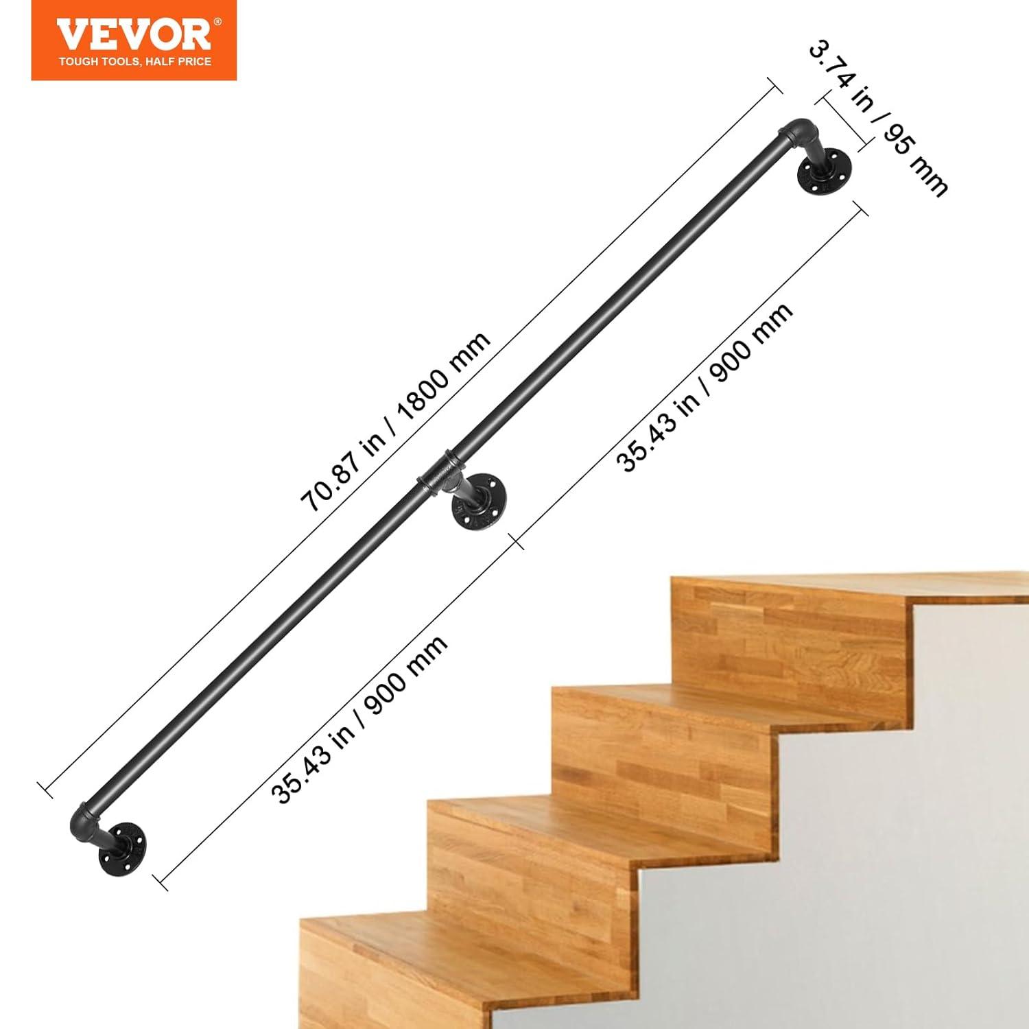6 ft. Pipe Stair Handrail 440 lbs. Load Capacity Wall Mounted Handrail Round Corner Handrails for Outdoor Steps in Black