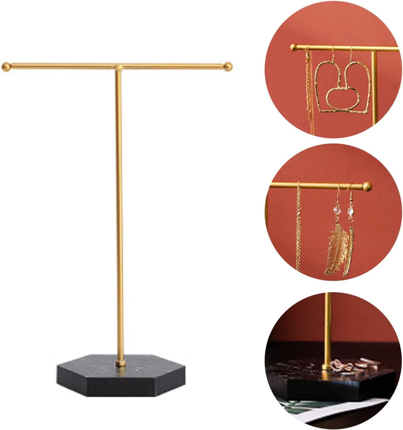 Jewelry Organizer Stand Display Necklace Holder T-Bar Plated Metal Desk Organizer Tower for Show Jewelry Hanging Pendant Earring Bracelet Ring Accessorie with White Marble Plywood Bases, White