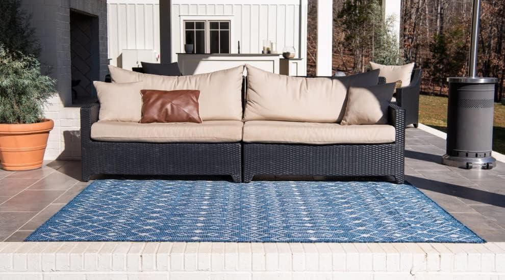 Unique Loom Outdoor Trellis Collection Area Rug - Tribal Trellis (8' x 10' Rectangle Blue/Ivory)