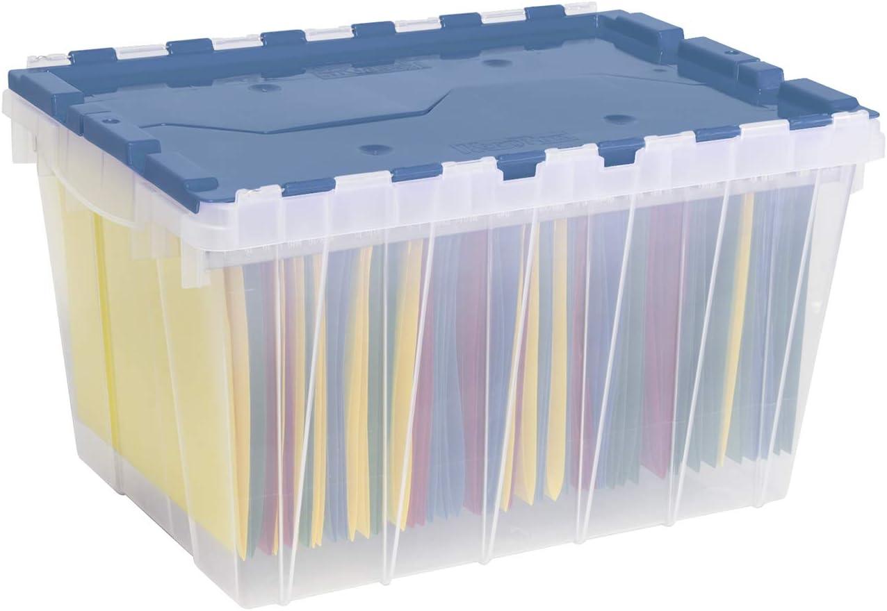 Akro-Mils 12 Gallon Clear Plastic Storage Container KeepBox File Box with Hinged Attached Lid and Rails for Hanging File Folders, 66486FILEB - Clear/Blue