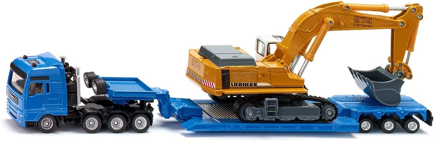 Heavy Haulage Flatbed Transporter Blue and Liebherr 974 Litronic Excavator Yellow 1/87 (HO) Diecast Models by Siku