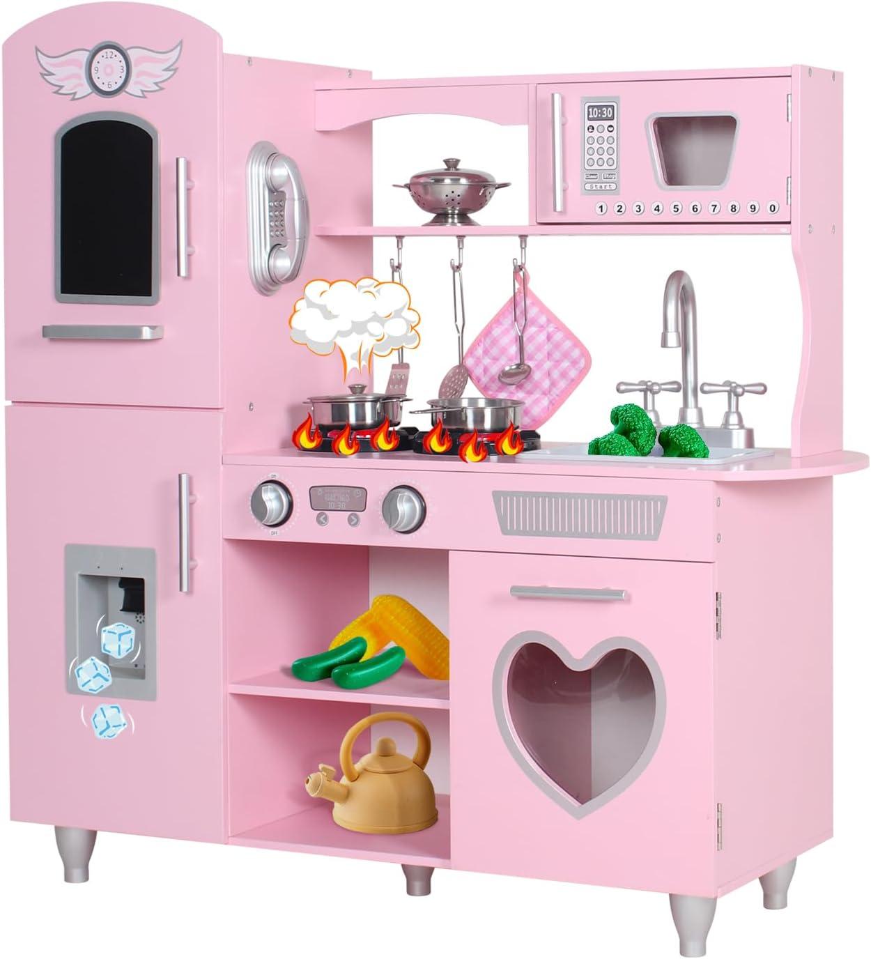 Pink Wooden Play Kitchen Set with LED Lights and Sounds