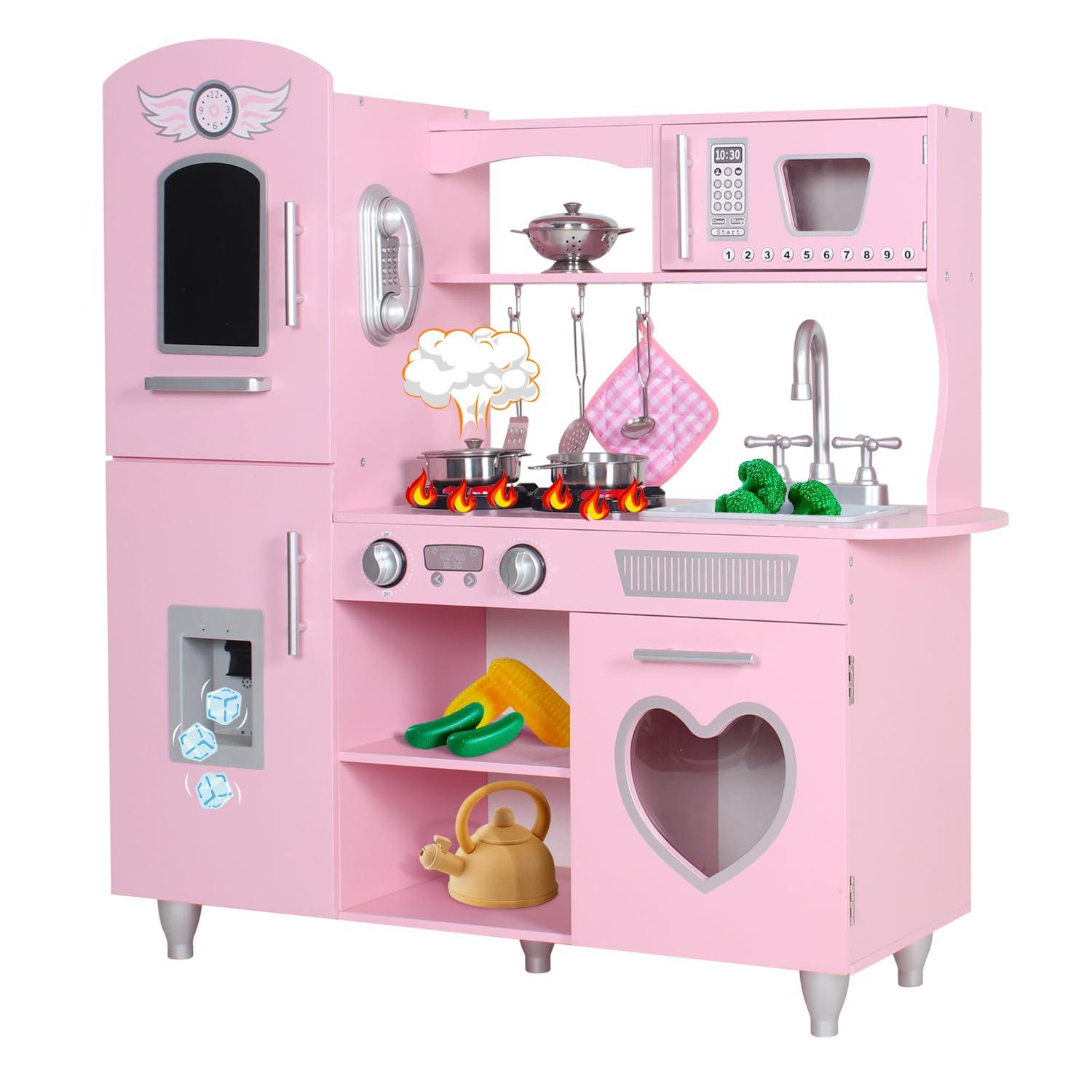 TaoHFE Play Kitchen, Pink Kids Kitchen Set for Girls Kitchen Set for Kids Ages 6-8 Gift Toddler Kitchen Set for Kid Age 3+ Kitchen Playset with Lights & Sounds Wooden Toy Kitchen Playset Gift